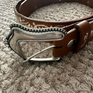 Miss Me Brown Leather Belt with Silver Buckle, detailing and rhinestone.